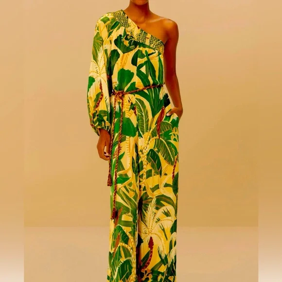Farm Rio Tropical Green One-Shoulder jumpsuit - Picture 1 of 14